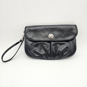 Coach Black Elegant Crinkle Patent Leather Flap Clutch Wristlet